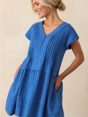 She + Sky Blue Pleated V-Neck Mini Dress